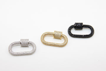 CZ Micro Pave Oval Screw Clasps, Large Connector Carabiner Silver, Black